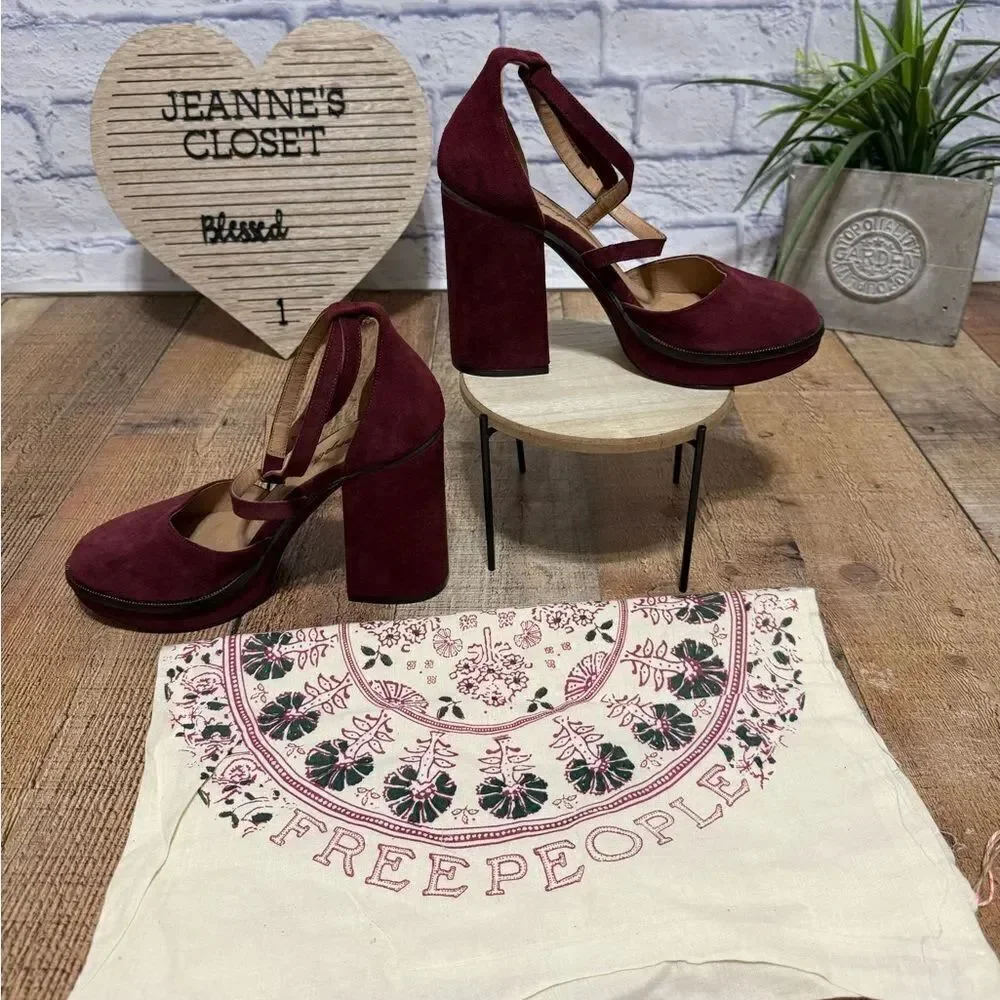 Free People size 41 10 Burgundy Remi Double Strap Suede Platform Shoes